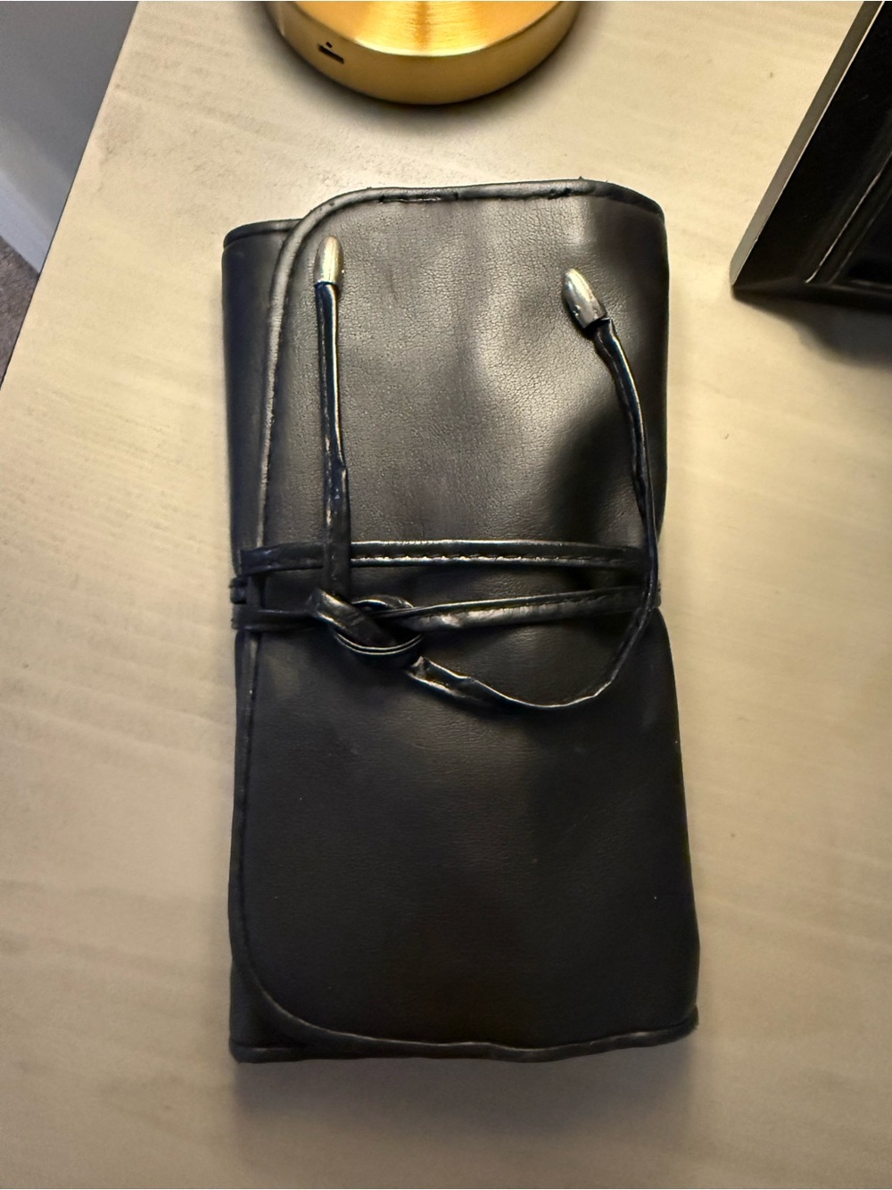 Leather Roll-Up Travel Brush Organizer Pouch in Black